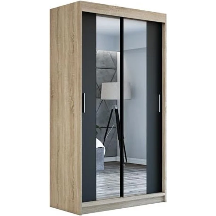 Schwebetürenschrank NEO 2-türig Schrank 120 cm (mit Spiegel) Farbe: Sonoma , schwarz – Bild 1