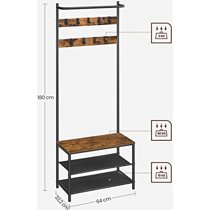 Vasagle Garderobenständer mit 9 abnehmbaren Haken und Sitzbank, Holzwerkstoff vintagebraun / schwarz, 32,2 x 64 x 180 cm – Bild 4