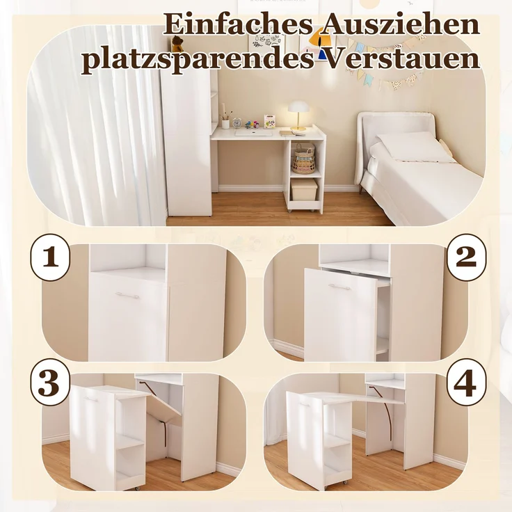 Schreibtisch-Kombischrank in Weiß mit ausziehbarer Tischplatte und verstellbaren Ablagen,136x126x55 cm – Bild 8