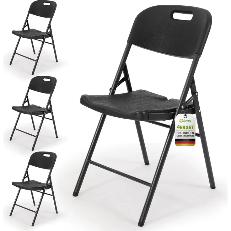 Sekey Klappstuhl 4er Set, Klappstühle aus Kunststoff und Metall, Campingstuhl Gartenstuhl Klappbar bis 150KG, Schwarz Holzoptik – Bild 1