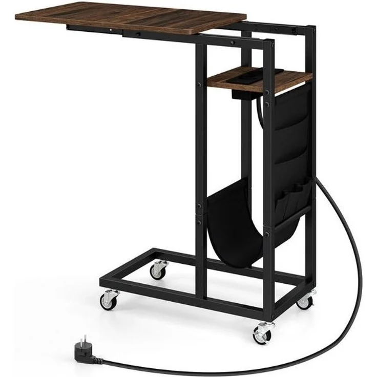 COSTWAY Beistelltisch, C-förmig mit Ladestation, ausziehbarer Tischplatte, Rollen – Bild 3