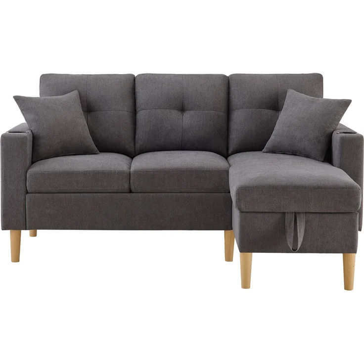 Merax L-förmiges modernes Sofa, 3-Sitzer-Sofa mit Chaiselongue, Stauraum, integriertem Getränkehalter, wird mit 2 Kissen geliefert, Dunkelgrau – Bild 10