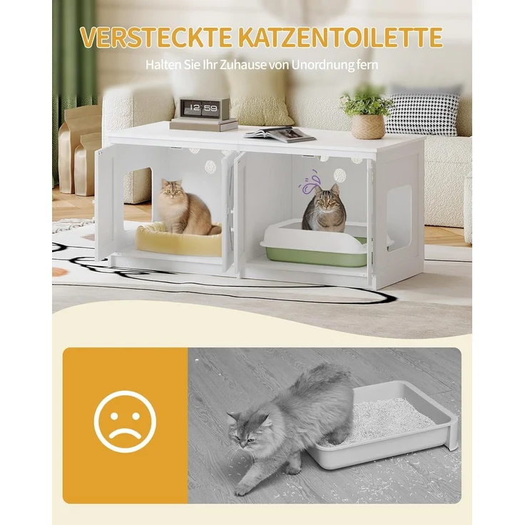 Katzenschrank, Katzenklo Schrank für 2 Katzen, Versteckter Katzentoilettenschrank, Katzenhaus für den Innenbereich, Bauernhausstil, 119 x 48 x 53,5 cm, Weiß – Bild 4