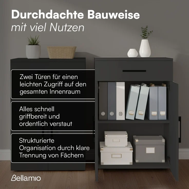 Bellamio 'Apol' Mehrzweckschrank, anthrazitschwarz, 88x33x60 cm, kleiner Aktenschrank mit 2 Fächern und 1 Schublade – Bild 3