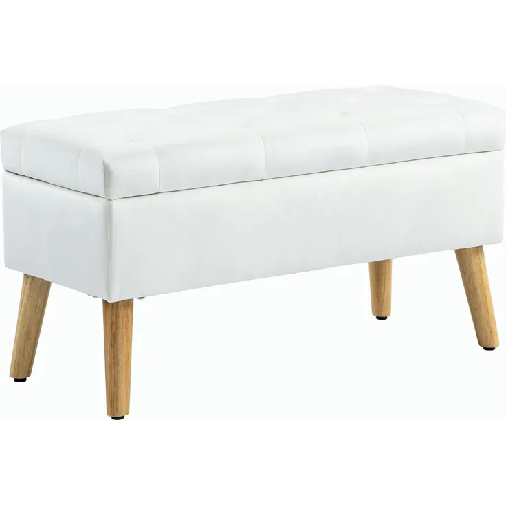 HOMCOM Sitzbank mit Stauraum, Deckel, Samtoptik (Truhenbank, 1-St, Polsterbank), für Flur Schlafzimmer Wohnzimmer, Gummiholz 102 x 35 x 43 cm Weiß