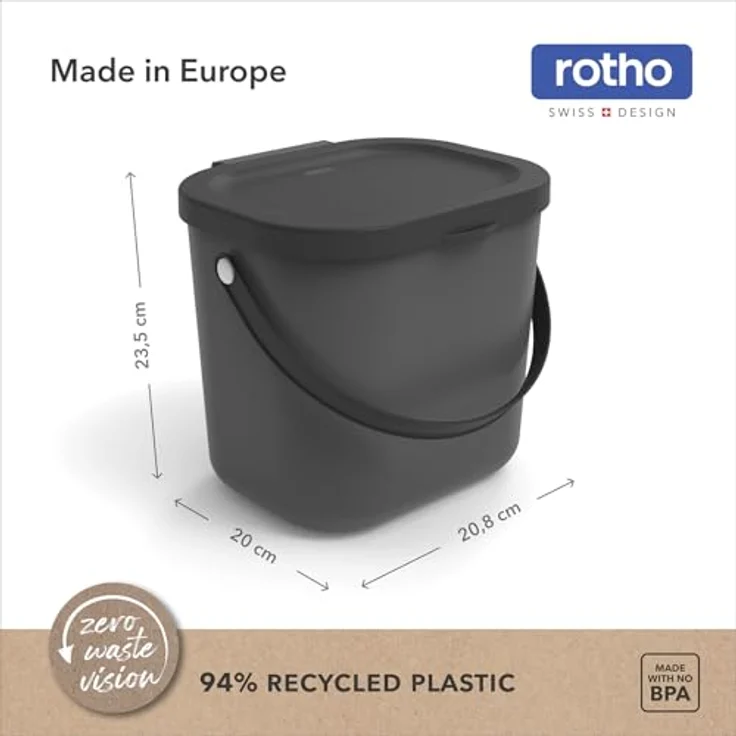 ROTHO Biomülleimer Albula 2er-Set Komposteimer 6l – kompakte Müllbehälter ideal für Küche, Stapelbar, mit Griff & Deckel – 6 l Recycling-Set für jeden Raum – Bild 5