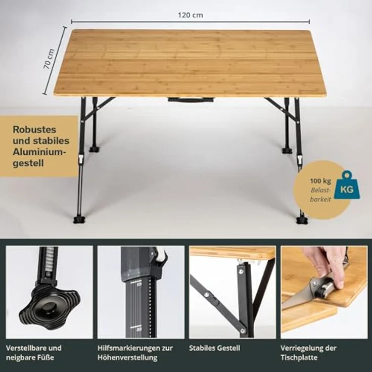 Skandika Campingtisch Tobro Bambus Klapptisch 120 x 70 cm, Gartentisch, Balkontisch, faltbar, klappbar, höhenverstellbar, bis 100 kg, wetterfest, Tragetasche – Bild 6