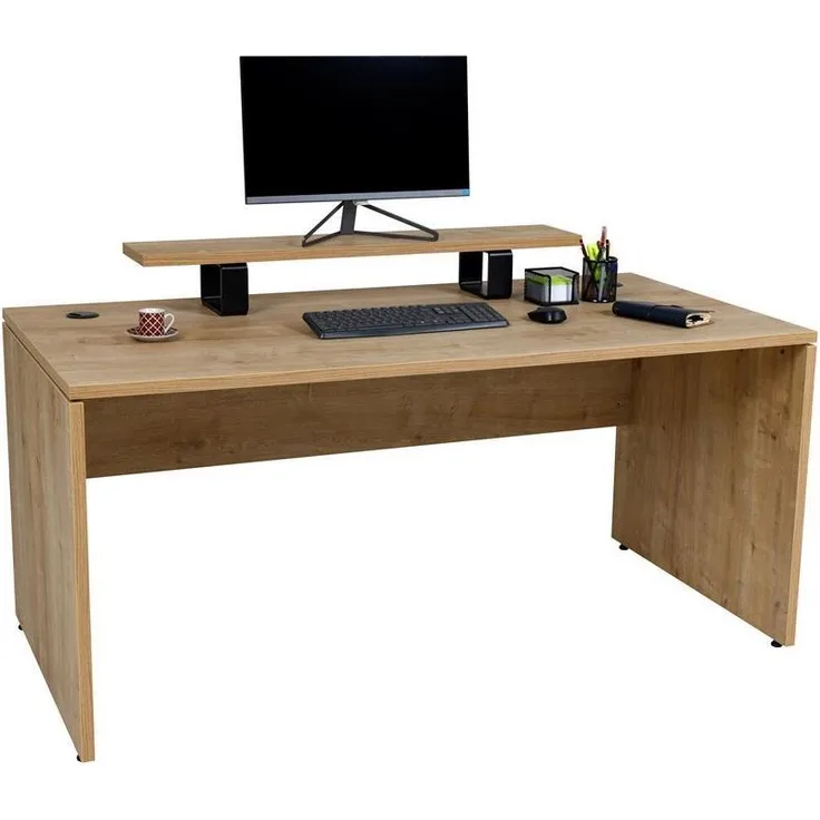 Furni24 Schreibtisch fürs Arbeitszimmer und Home Office - Großer laminierter Computertisch aus Holz, 2 Kabeldurchlässe (Saphir-Eiche, inkl. Monitorständer und Kabelkanal,160 x 80 x 75 cm)