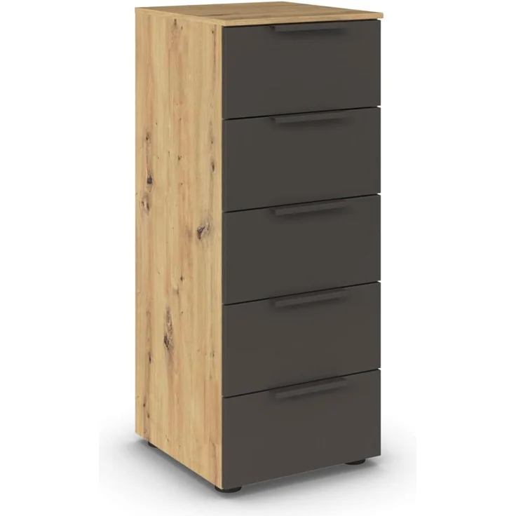 Rauch Möbel Flipp, Kommode für Schlafzimmer, Kinderzimmer, Wohnzimmer, Jugendzimmer, Flur, Garderobe, 5 Schubladen, mit Softclose Funktion, Farbe Eiche Artisan, Holz/Graphit, Schwarz, Breite 40 cm