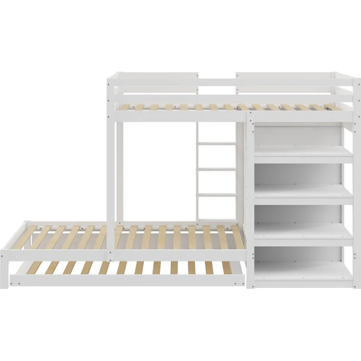 Bett Etagenbett mit Ausziehbett 90x200 cm, Massivholz in Weiß, mit Kleiderschrank, Schubladen und Ablage, ohne Matratze – Bild 7