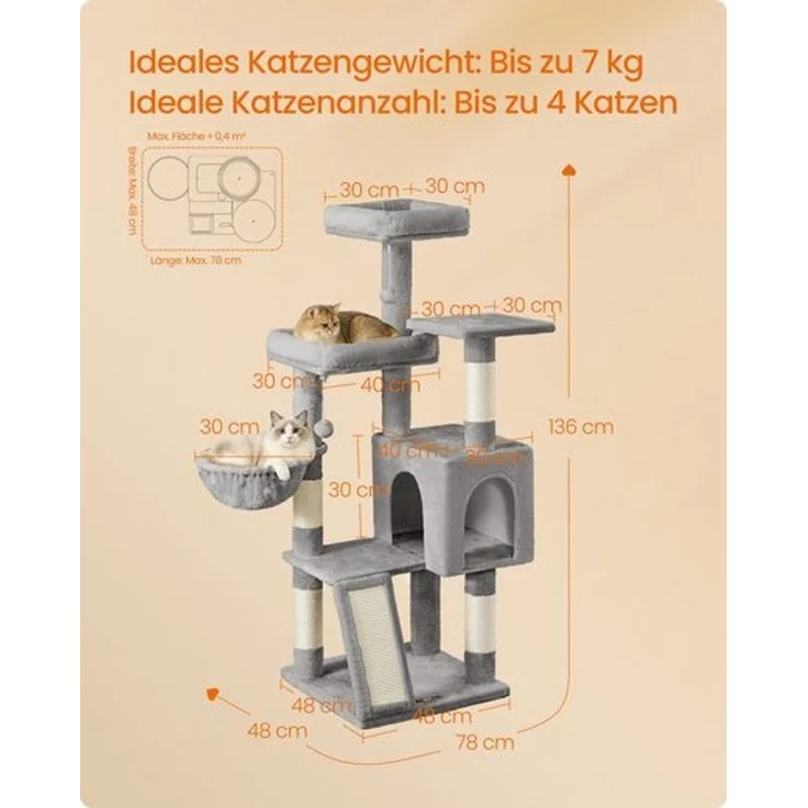 FEANDREA Kletterbaum mehrstufig, mit Rampe, Kratzsäulen, 3 Plattformen, Höhle, Korb, 2 Bällen, 136 cm hoch, taubengrau – Bild 5
