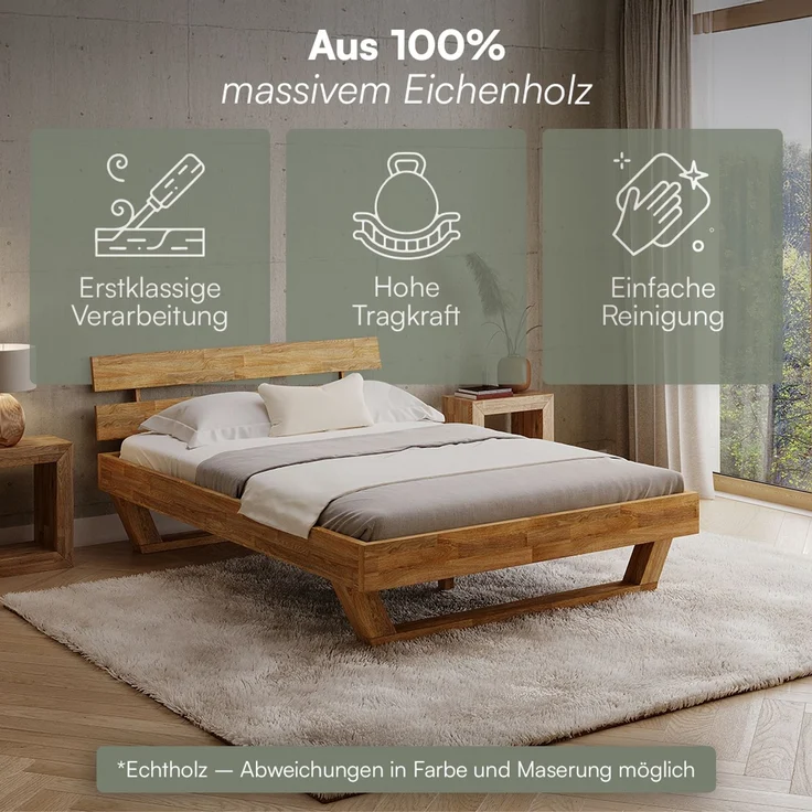 skølm 'Nornir' Bett 140x200 cm, Bettgestell, natur geölt, Massivholzbett aus Eiche mit Holzkufen, Doppelbett mit Streben Bettkopf – Bild 3