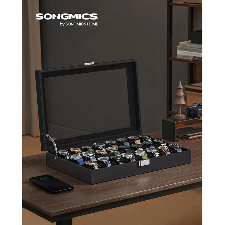 SONGMICS Uhrenbox, abschließbarer Uhrenkasten, Uhrenkoffer, Organizer für Uhren, mit 24 Fächern, Glasdeckel, Geschenk für die Liebsten, PU-Bezug in Tintenschwarz, Samtfutter in Tintenschwarz JWBDE024B02 – Bild 2