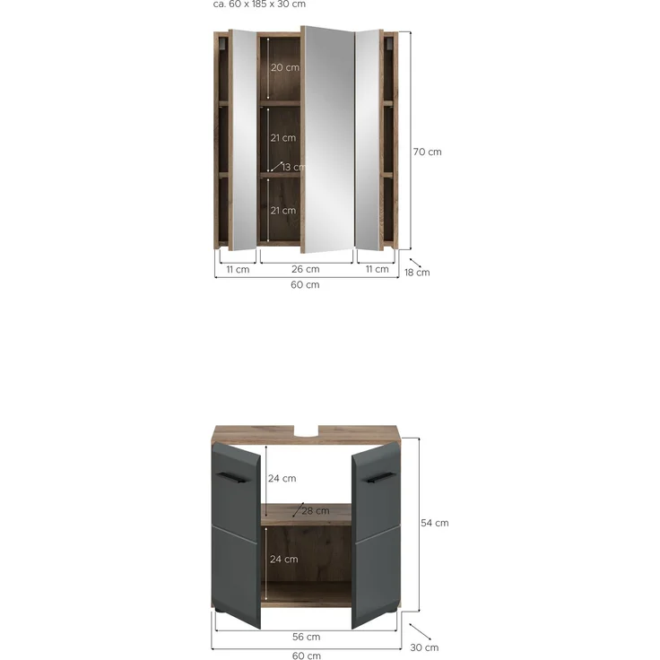 Badkombination (B/H/T: 60x185x30 cm) in schwarz matt und Nox Oak Nachbildung – Bild 4