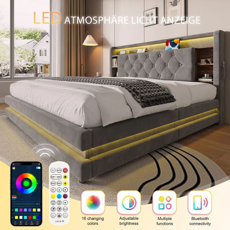 TavilaEcon Boxspringbett Samtbett, Polsterbett mit LED-Beleuchtung & USB-Ladefunktion grau Liegefläche 160 × 200 cm – Bild 3