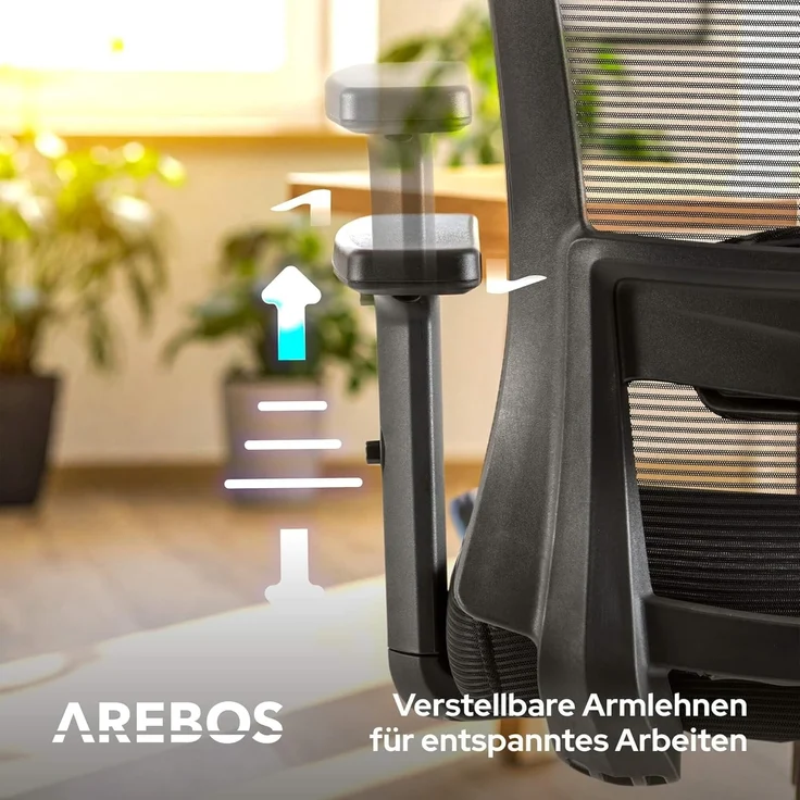 Arebos Bürostuhl Ergonomischer Schreibtischstuhl Wippmechanismus von 90° bis 125° (1D-verstellbare Armlehnen für mehr Komfort), Bis 136 kg belastbar: Stabil & alltagstauglich – Bild 7