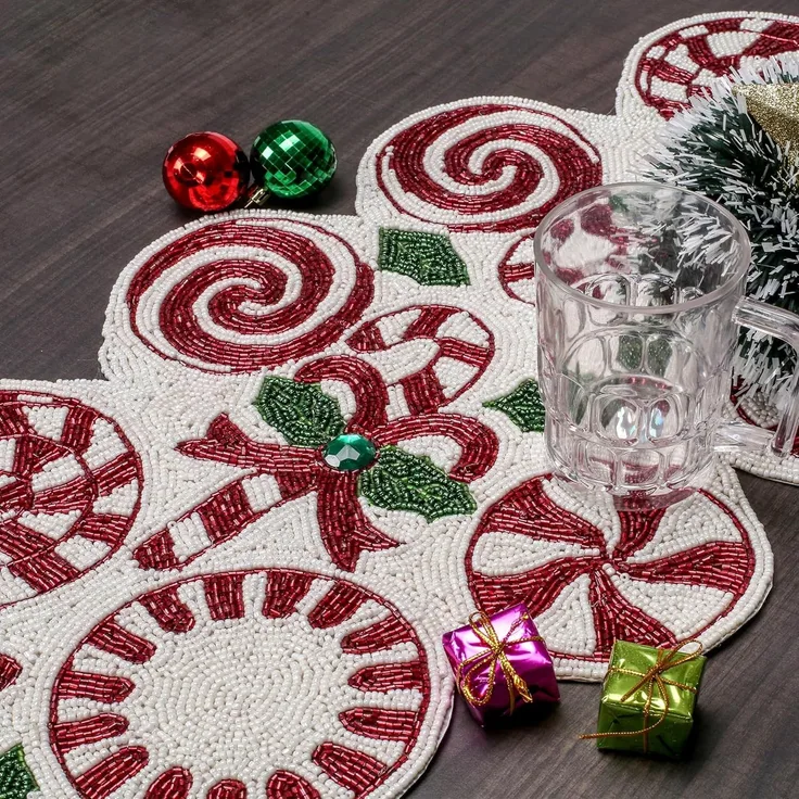 Alpha Living Home Weihnachtstischläufer 33x91,4 cm Candy Perlen Tischläufer Tischmatten für Küchentisch Home Decor Matte für Ernte, Hochzeit, Party Dekoration Rot/Grün/Weiß