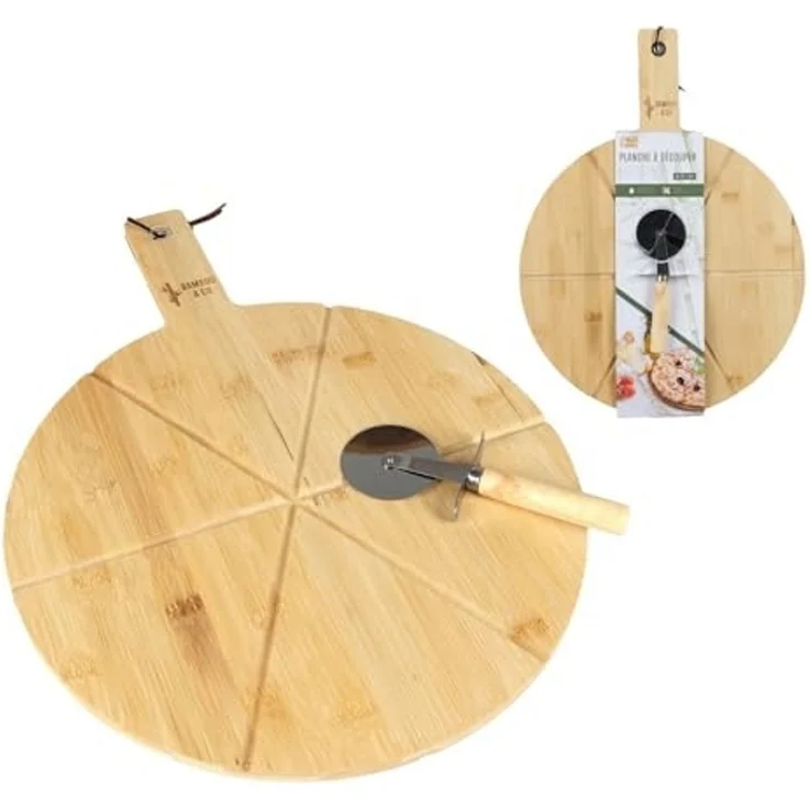 Bambou&Co Pizzaschneidebrett 2-tlg. Set Pizzabrett mit Pizzaschneider Pizza-Schneidebrett Brett, Bambus, (Pizzaset / Pizzaschneidset, Rollschneider + Rundbrett), rundes Brett mit Einkerbungen für gleichmäßigen Schnitt – Bild 2