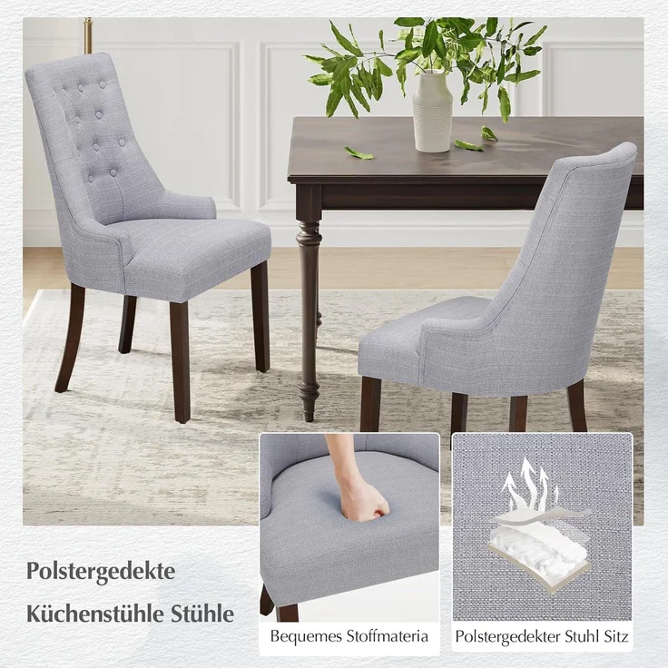 COLAMY Esszimmerstühle 6er Set, Moderne Küchenstuhl Gepolsterte Esszimmerstühle im Wingback, Polsterstuhl Wohnzimmerstuhl mit Knopfsteppung für Esszimmer, Küche, Restaurant mit Holzbeinen, Hellgrau – Bild 5