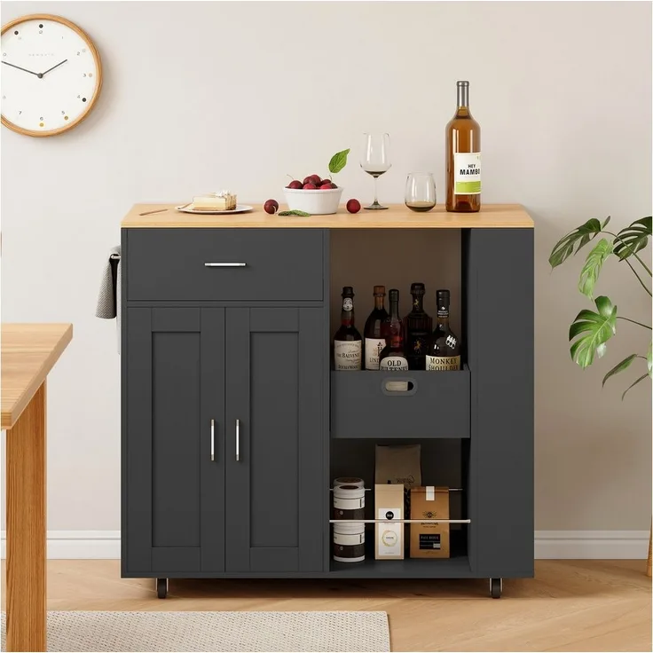 FUROKOY Kücheninsel Küchenwagen auf Rollen, Holz Bewegliche Kücheninsel, (mit Schubladen, Regale, Aufbewahrungsboxen und ein Gewürzregal), für Küche und Esszimmer, 102 x 46 x 92 cm, Schwarz