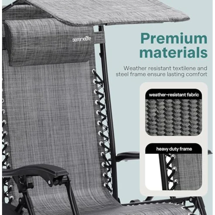 SereneLife Liegestuhl Klappbar 2er Set, Gartenliege Wetterfest für Balkon, Strand, Terrasse & Garten, Campingstuhl mit Sonnendach, Beistelltisch & Getränkehalter, Relaxliege mit Stahlrahmen, Schwarz – Bild 8