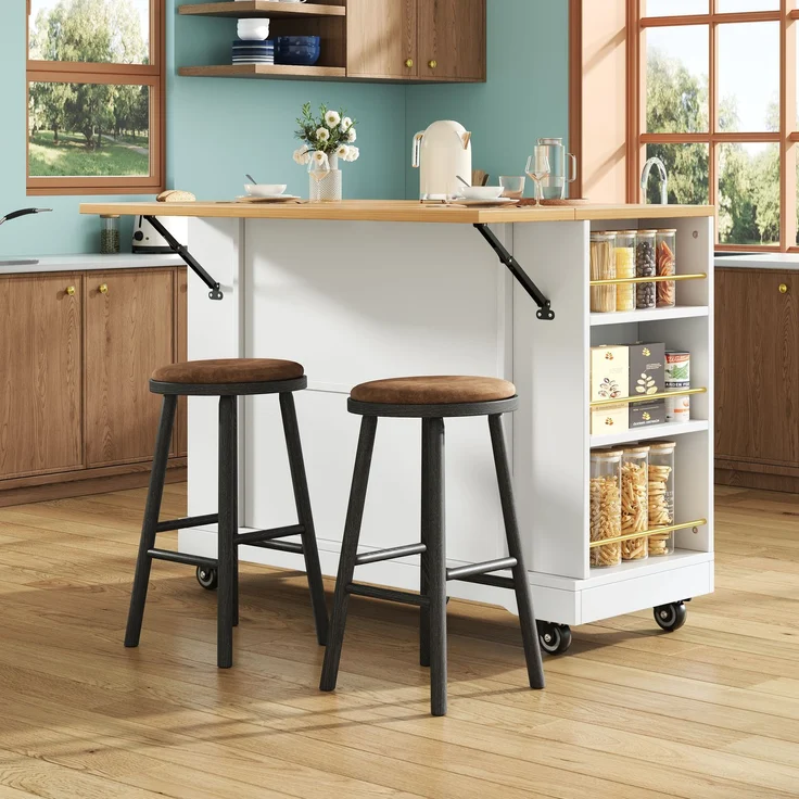 Servierwagen Kücheninsel MDF ausziehbar klappbar 120cm Skandinavisch 3D-Schranktüren Metallgriffe,Weiß – Bild 4