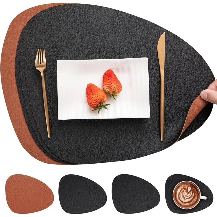 ABC Leder- und Glas-Untersetzer, doppelseitig rutschfest, abwaschbar, wasserdicht, Kunststoff, schwarz und braun