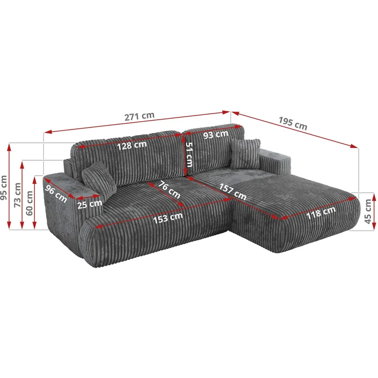Ecksofa OVO mit schlaffunktion und bettkasten, Wellenfeder, lose Kissen, L-form 271x195 cm - Dunkelgrau Cord - rechte Seite – Bild 6