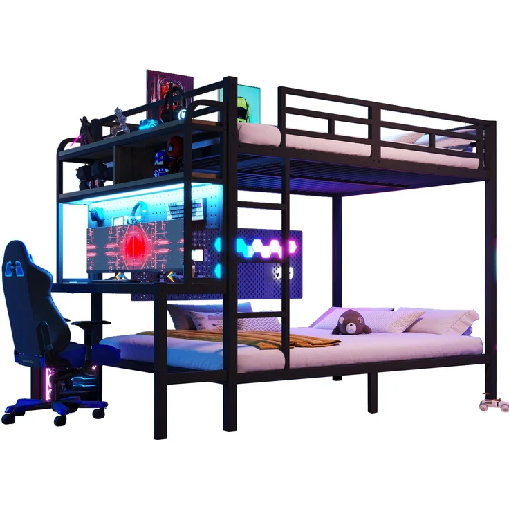 Etagenbett, 140x200 cm, Eisenrahmen, Ablagefach, Schreibtisch, mit LED-Lichtleiste, USB-Anschluss, Sicherheitsgeländer, Leiter, ohne Matratze, schwarz – Bild 7