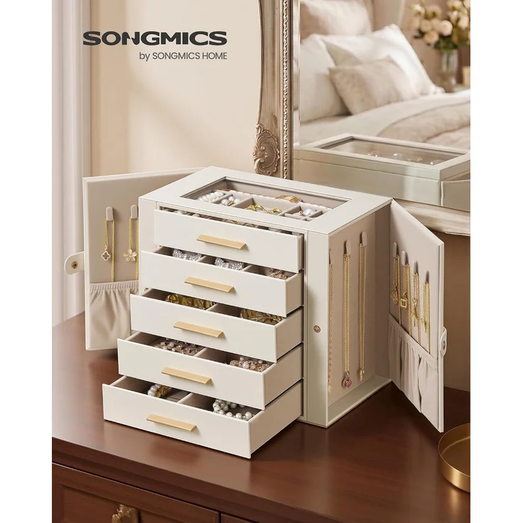 SONGMICS Großer Schmuckkasten mit 5 Ebenen und Glasdeckel für Ketten 26,1 x 15,6 x 22,2 cm Weiß und Beige – Bild 2