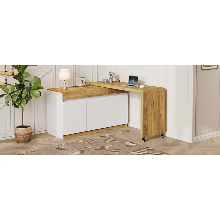 ZUBALIYA Schreibtisch mit feststellbaren Rollen – multifunktionales Design, 4 cm dickere, drehbare Tischplatte, fest arretierbar, weiß/Eiche, Faltbarer Schreibtisch, Eckschreibtisch, Sideboard,Dicke Materialie,Weiß Eiche – Bild 17