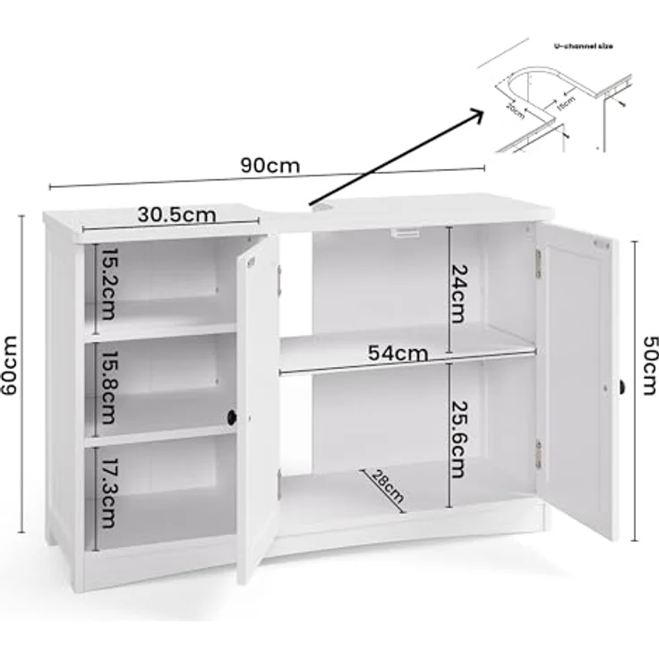 Bealife Waschbeckenunterschrank, Badezimmerschrank 90 x 30 x 60 cm, mit 2 Türen, 5 Fächern und höhenverstellbarem Einlegeboden in 3 Stufen, Magnetverschluss, viel Stauraum, wasserabweisend (Weiß) – Bild 4