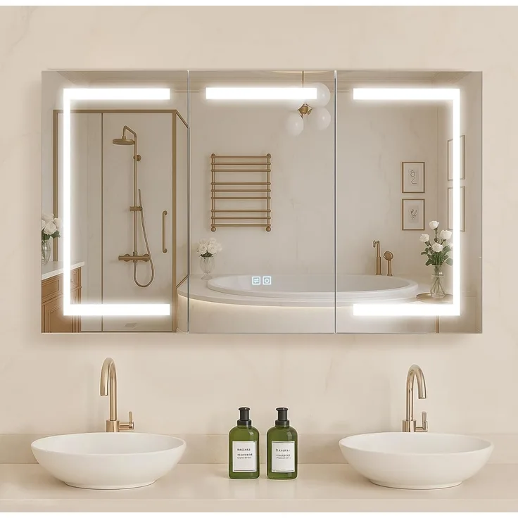 VEVOR beleuchteter Medizinschrank mit Spiegel (100x60 cm), 3-farbig dimmbarer LED-Badezimmerschrank mit Spiegel aus gehärtetem Glas, Memory-Funktion/2 verstellbare Regale/Steckdosen und USBs