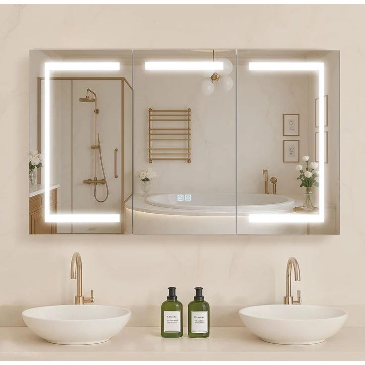 VEVOR beleuchteter Medizinschrank mit Spiegel (100x60 cm), 3-farbig dimmbarer LED-Badezimmerschrank mit Spiegel aus gehärtetem Glas, Memory-Funktion/2 verstellbare Regale/Steckdosen und USBs