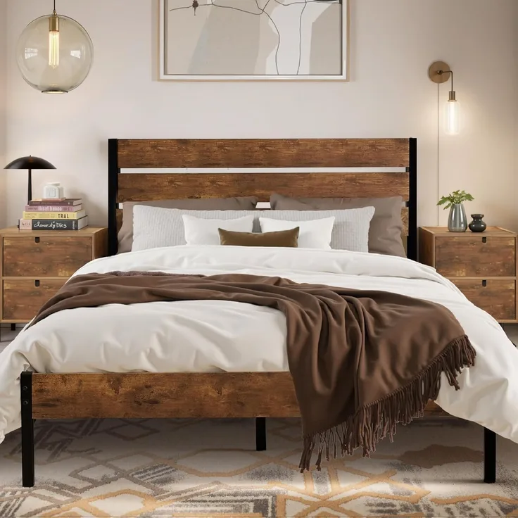 VECELO Bettgestell 140x200 cm, Doppelbett mit Holzkopfteil und stabilem Metalllattenrost, 320 kg Tragkraft, 31 cm Stauraum, Einfache Montage, Industrie-Stil, Braun