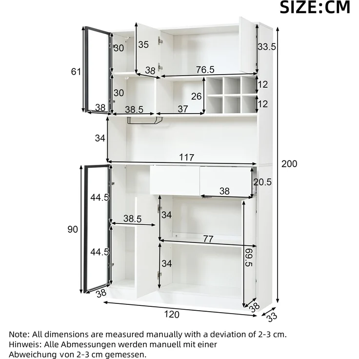 Vitrinenschrank 120x33x200 cm in Weiß, 6 Türen, 2 Schubladen, LED und offene Fächer – Bild 5
