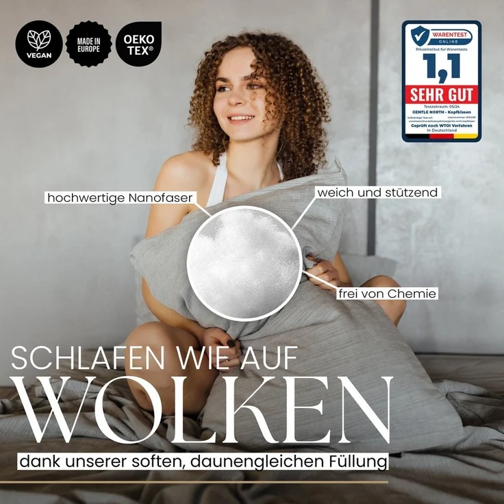 Gentle North Microfaserkissen Kopfkissen in Hotelqualität - Einzeln oder im 2er Set - 60° Waschbar, Füllung: Polyester, Rückenschläfer, Seitenschläfer, Bauchschläfer, Comfort, Reißverschluss für Füllung - Made in EU - allergikerfreundlich – Bild 3