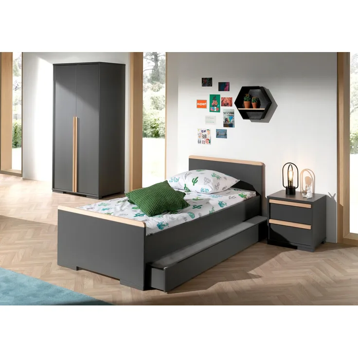 Set London Einzelbett mit Bettschublade Nachtkonsole und Kleiderschrank Buche