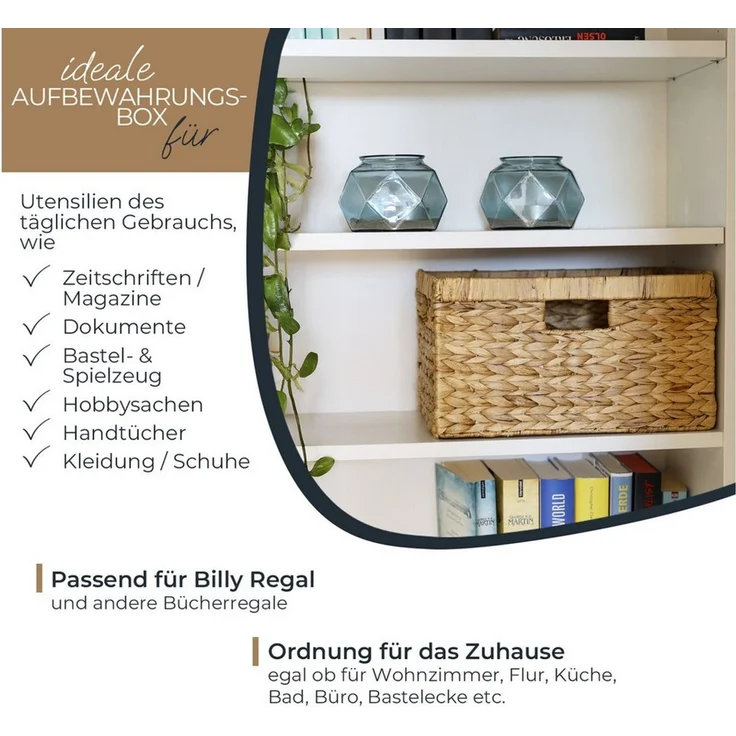 HMF Regalkorb Aufbewahrungskorb passend für Billy Regal, Korb geflochten aus, Wasserhyazinthe mit drei Griffen, 2er Set, 35 x 25 x 20 cm, Natur – Bild 2