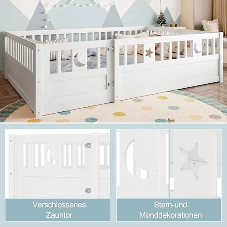 Ball & Cast Bodenbett (140x190 cm), Kids Bed und Jugendbett mit Stern- & Monddekoration, Kinderbett 90x200 mit rausfallschutz, Weiß – Bild 6