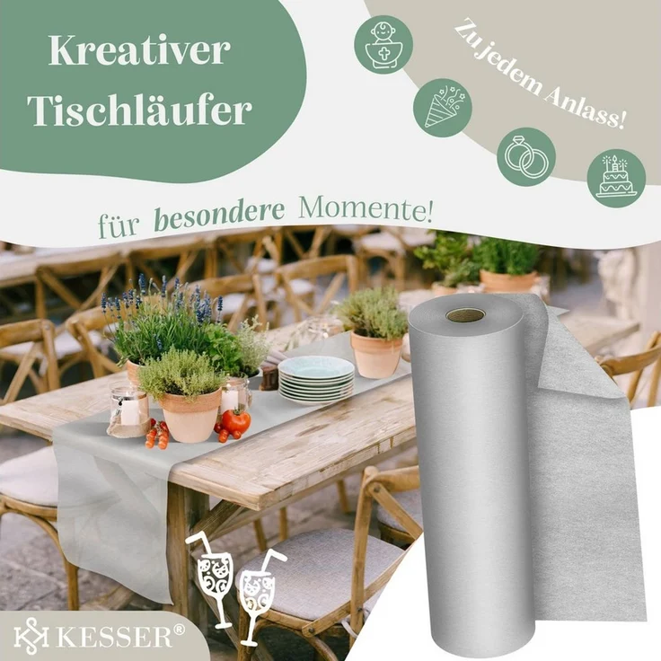 KESSER Tischläufer 25 m × 30 cm, wasserabweisend & abwaschbar, 30 g/m², anpassbare Vlies-Tischdekoration – für Feste aller Art geeignet – Bild 2