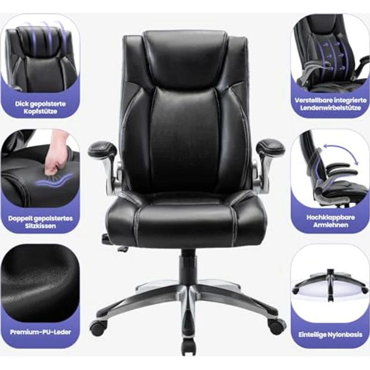 COLAMY Bürostuhl Ergonomisch, Ergonomischer Büro 360° Drehstuhl für Office, Chefsessel mit Hoher Rückenlehne, Schreibtischstuhl Lederstuhl mit Verstellbarer Neigungsverschluss, Schwarz – Bild 7