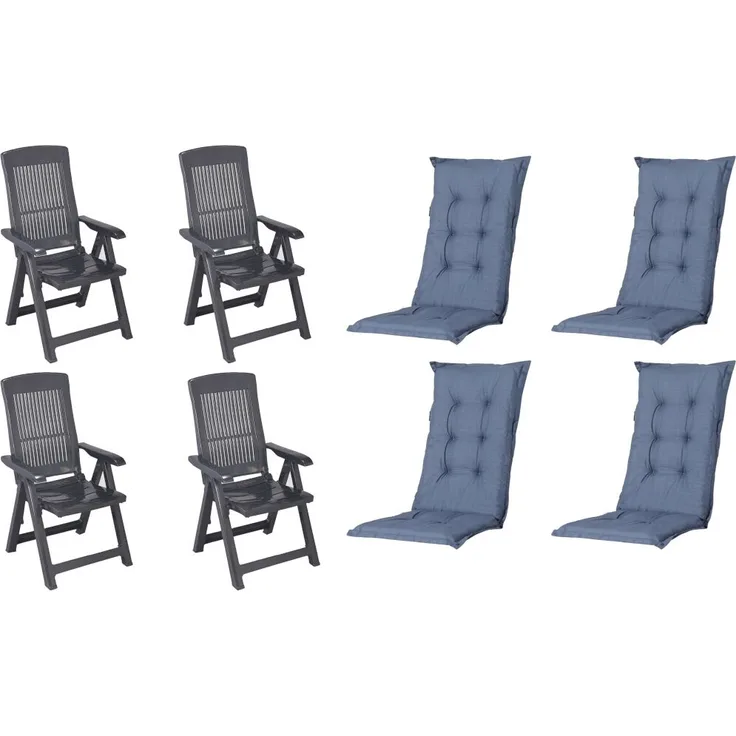 SET Tampa 4 x Klappsessel anthrazit, 4 x Auflage kobalt