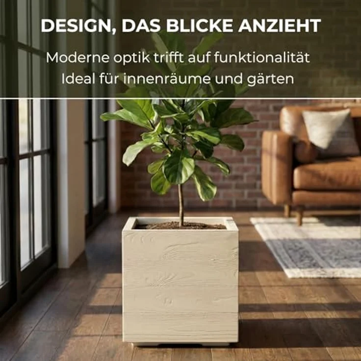LAMELA Pflanzkübel mit Rollen 40 cm, 36L – Blumentopf aus Kunststoff in Holzoptik – Übertopf mit Wasserablauf – Modern für Innen & Außen - Wetterfest & Pflegeleicht, Beige – Bild 4