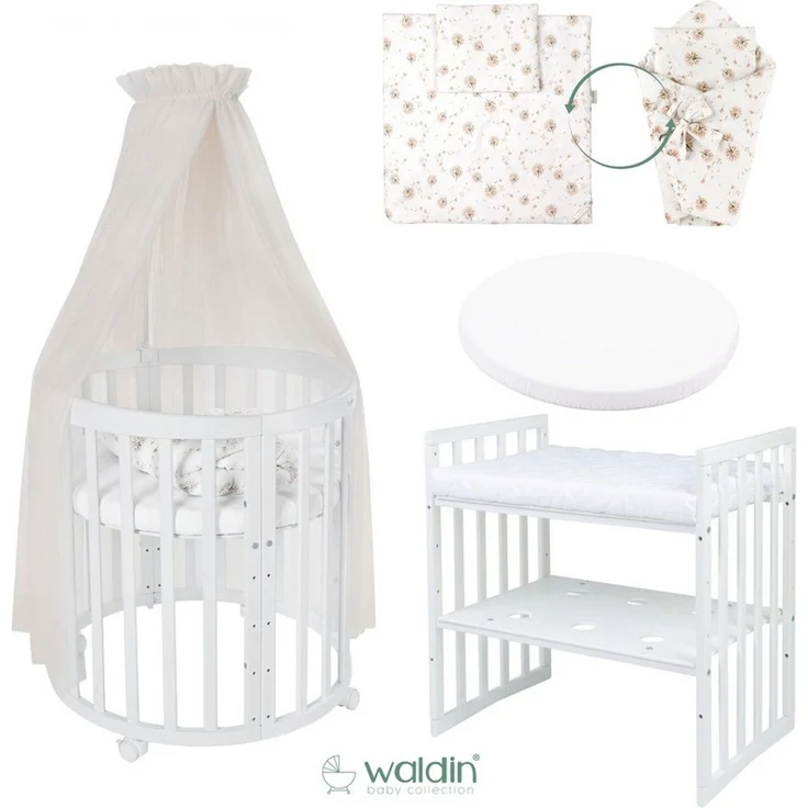 Waldin Babybett Oval 7in1 mitwachsend, Beistellbett, Matratze, Rollen, Buche, Weiß – Bild 3