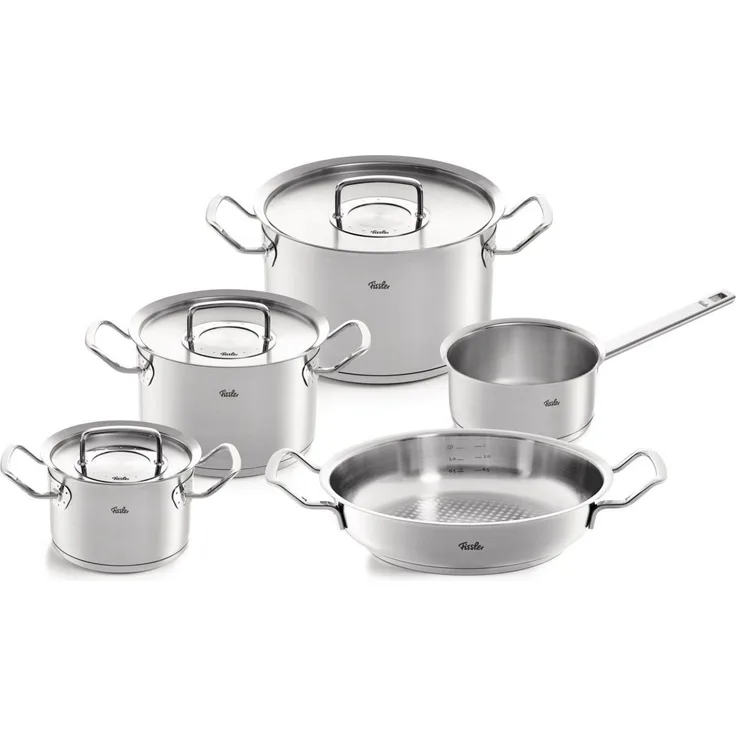 Fissler Original-Profi Collection / Edelstahl-Kochtopfset, 5-teilig, Topf mit Metall-Deckel (3 Kochtöpfe inkl. Deckel,1 Servierpfanne, 1 Stielkasserolle) - Induktion