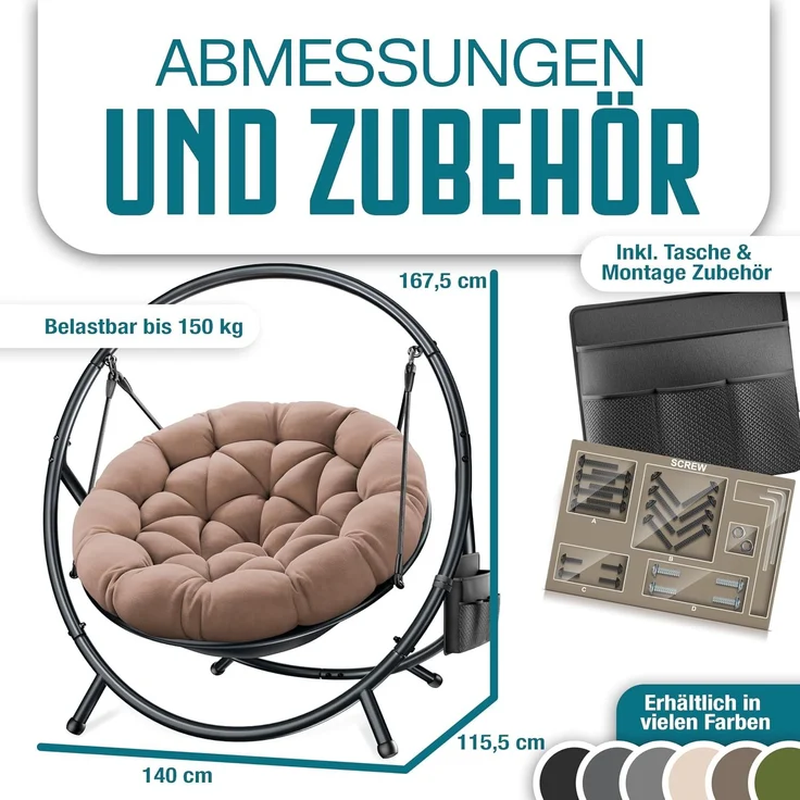 KESSER® Hängesessel mit Gestell BALI Hängeschaukel Hängestuhl bis 150kg für Indoor und Outdoor + Kissen & Seitentasche Hängekorb Stahlgestell & Schaumstoff Sitzpolster ideal für Wohnzimmer & Garten Taupe – Bild 8