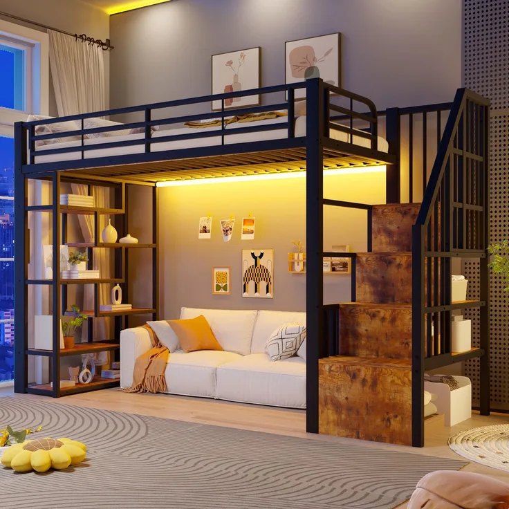 EINHOM Hochbett, 90 x 200 cm, Eisenrahmen, Ablagefach, Integrierte Stufen, Schutzgeländer, Leiter, mit LED-Lichtleiste, Offener Stauraum unter dem Bett, Matratze Nicht im Lieferumfang Enthalten, Schwarz (Ohne Matratze)