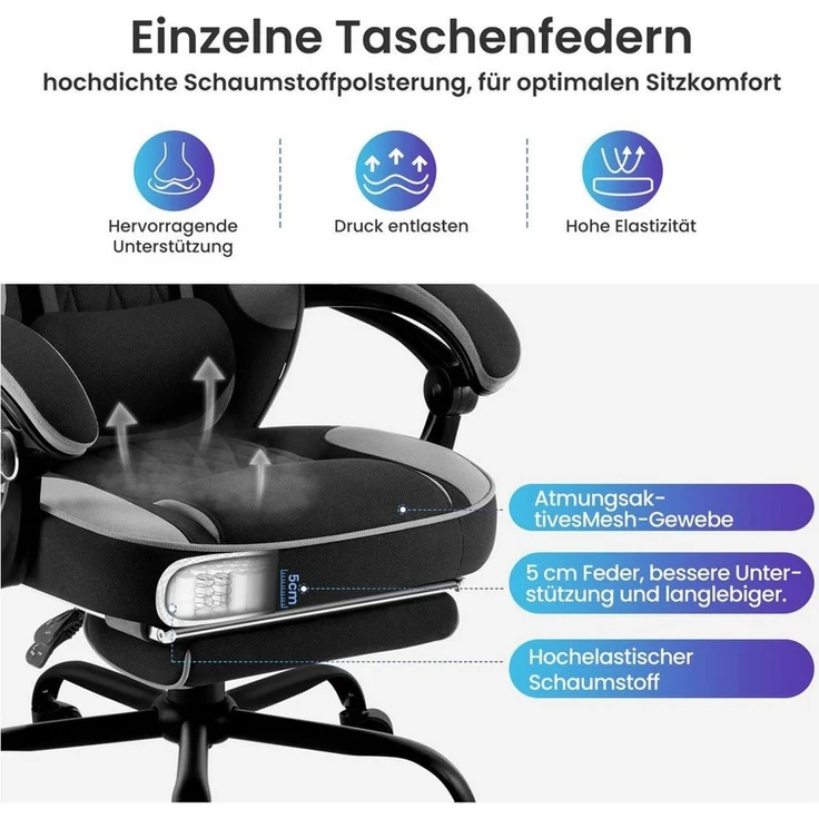 Woltu Gaming-Stuhl (1 St), mit Taschenfederkissen, Fußstütze, ergonomisch, drehbar – Bild 3