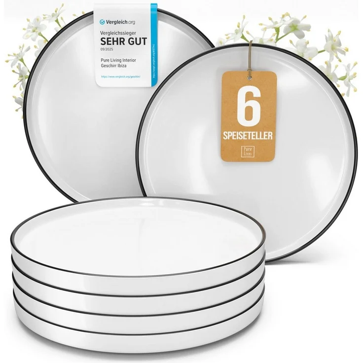 PURE LIVING INTERIOR DESIGN Geschirr-Set Scandi Speisseteller, Dinnerteller, 6er-Set, 26 cm, Weiß/Schwarz (1-tlg), 6 Personen, Porzellan, Robust, kratzfest, spülmaschinenfest und mikrowellengeeignet – Bild 1